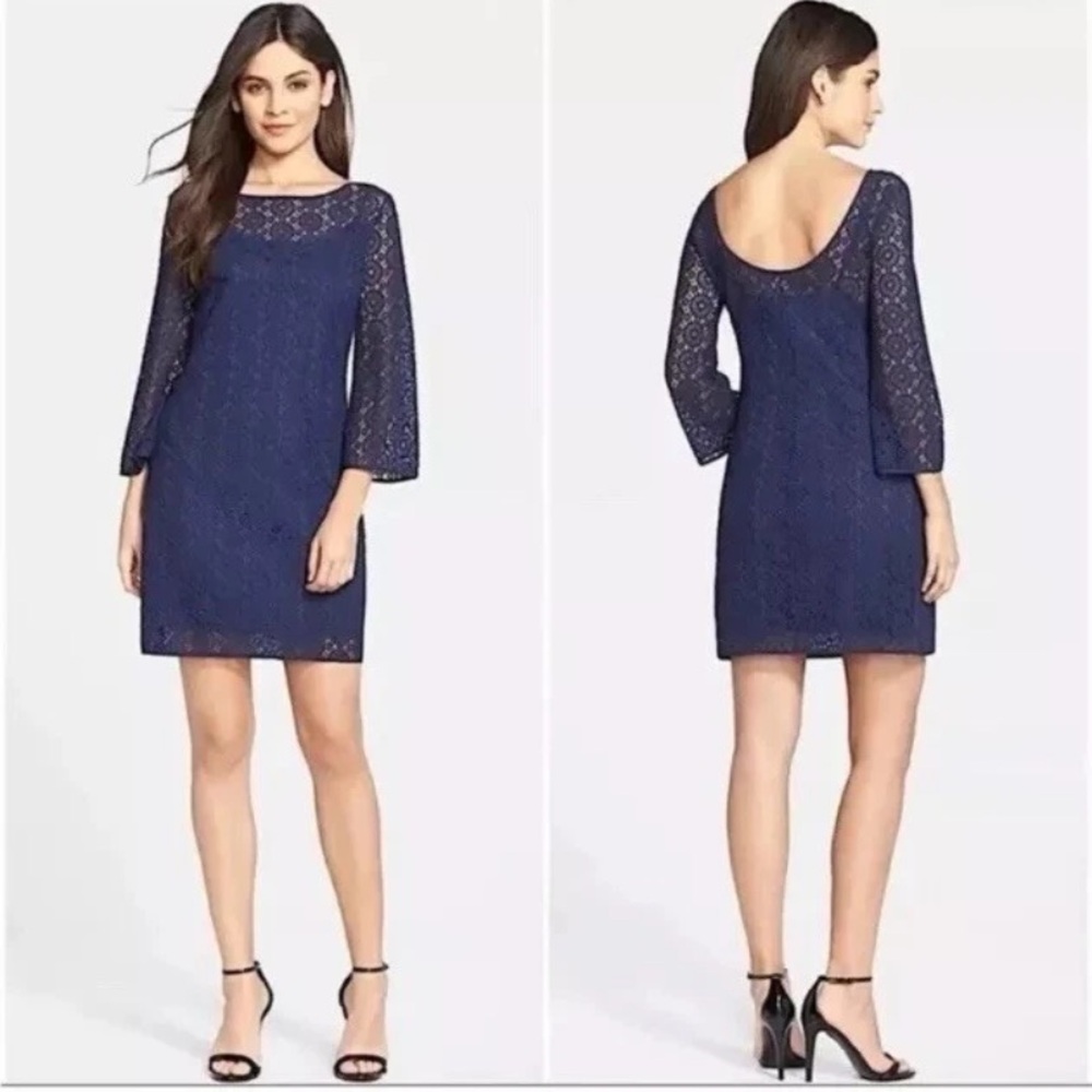 Lilly Pulitzer Topanga True Navy Blue Breakers Lace Dress Medium Bell Sleeves - Picture 13 of 13
